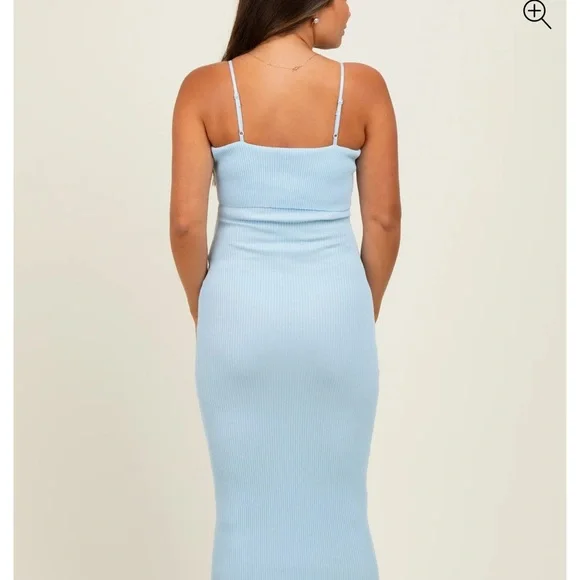 💙NWT Baby Blue Rib Knit Off Shoulder Maternity Midi Dress - Picture 2 of 9